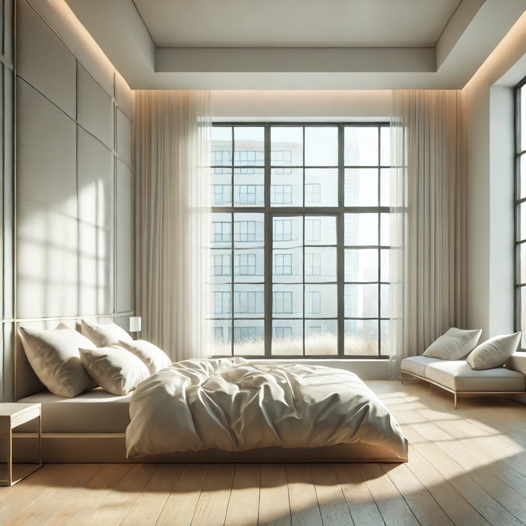 ventilating the bedroom, modern interior, spacious bedroom